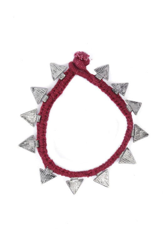 Set of 2: Anura Red Thread & Antique Plated Brass Triangular Charm Anklets