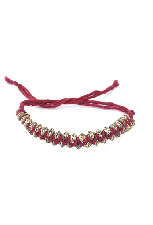 Set of 2: Eti Maroon Thread & Antique Plated Brass Beaded Anklets