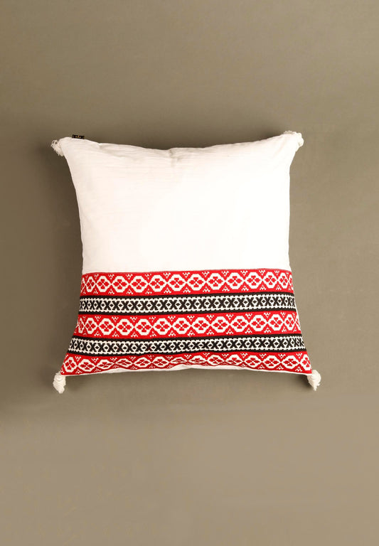 White Single Edged Cushion Cover With Tassels