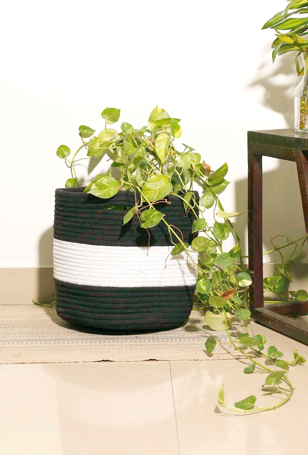 Black and White Cotton Jute Basket