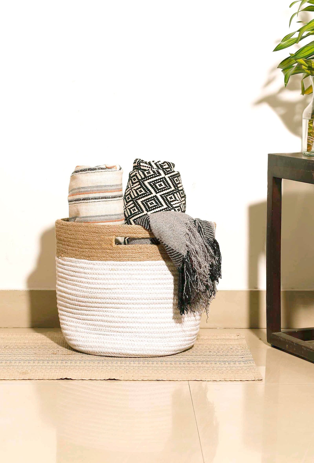 White and Beige Cotton Jute Basket