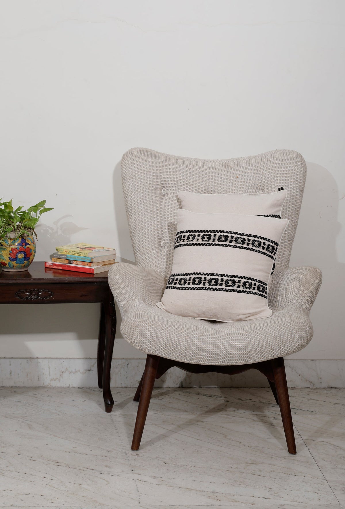Set of 2: Cream White with Black Border Sky Blue Handcrafted Jacquard Cushion Covers