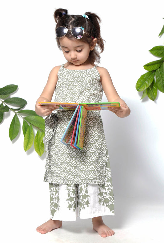 Set of 2 - Sea Green Handblock Cotton Floral Palazzo and Suit Set サイズ 12〜18か月
