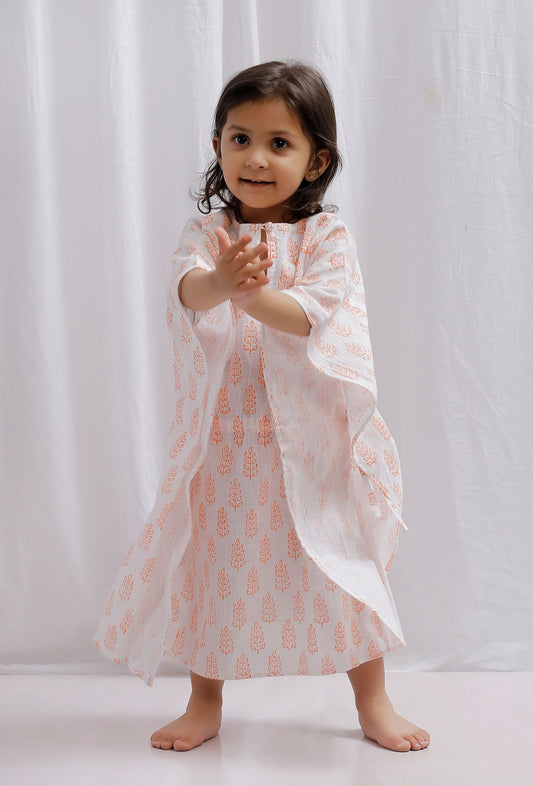 Orange Block Printed Side Tie Up Cotton Kaftan サイズ 4〜5歳