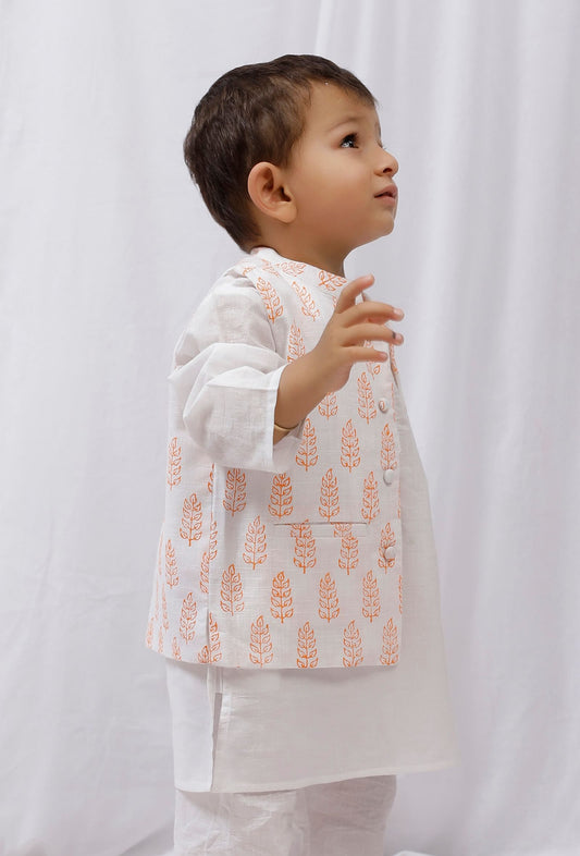 Orange Block Printed Floral Nehru Jacket サイズ 4〜5歳