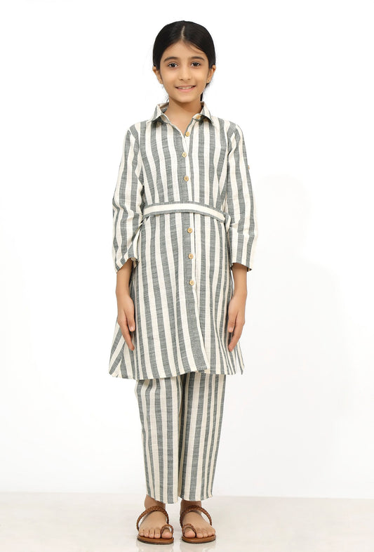 Set of 2: Irish Grey and White Stripes Cotton Belted Kurti with Pants サイズ 5〜6歳