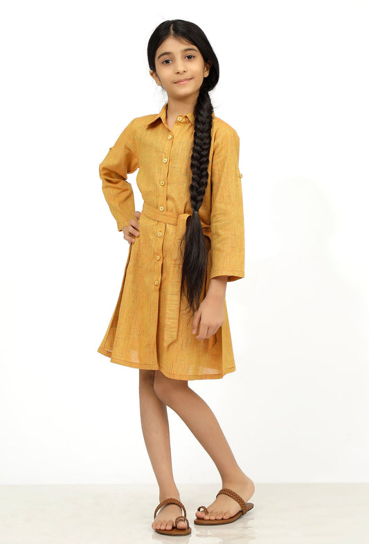 Rustic Melange Cotton Tunic Dress With Waist Belt サイズ 5〜6歳