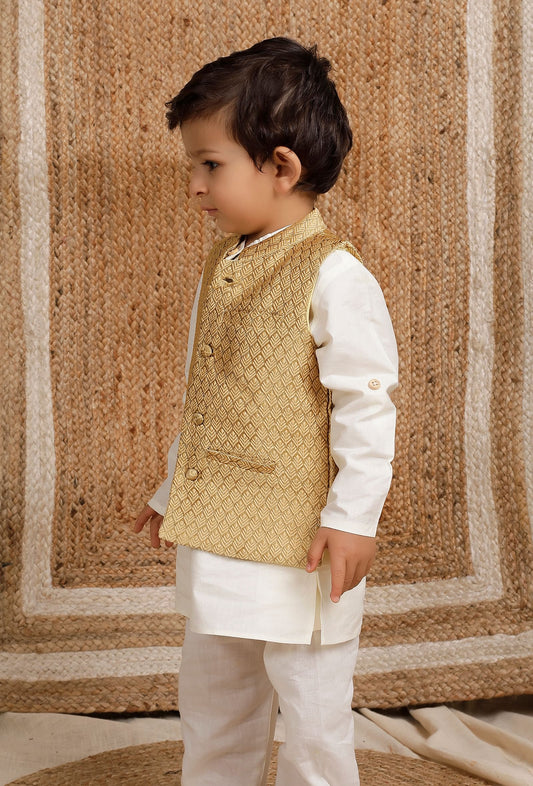 Beige Mustard Brocade Nehru Jacket サイズ 8〜9歳