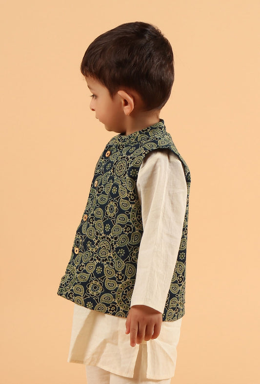 Arth Indigo Ajrakh Print Cotton Nehru Jacket サイズ 1〜2歳