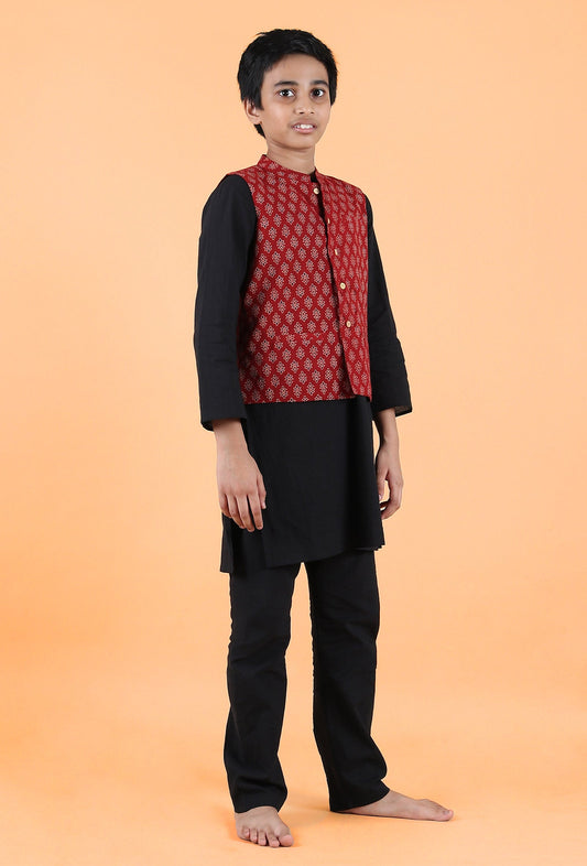 Orian Madder Red Ajrakh Print Cotton Nehru Jacket サイズ 5〜6歳