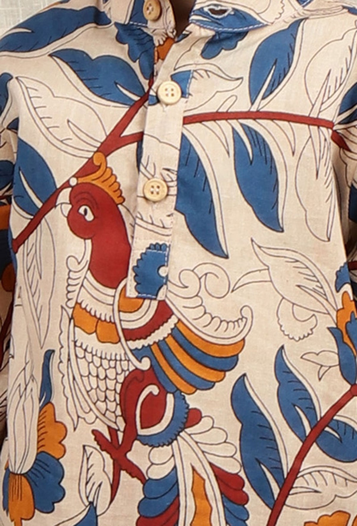 Set of 2: Aaron Beige Cream Kalamkari Printed Cotton Kurta & Blue Pyjama サイズ 0〜3か月