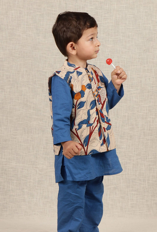Daven Beige Cream Kalamkari Printed Cotton Nehru Jacket サイズ 6〜9か月