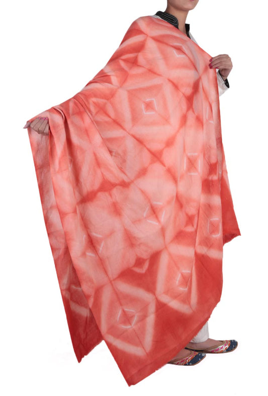 White & Coral Clamp Dyed Pure Wool Shawl
