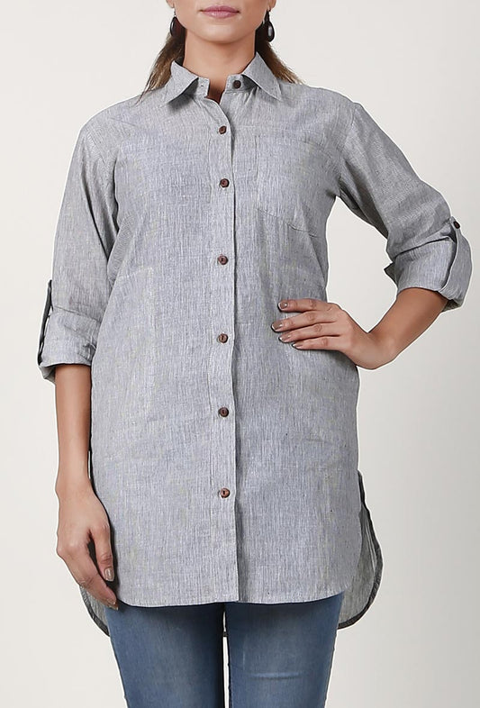 Light Grey Handloom Cotton Asymmetrical Shirt サイズ M