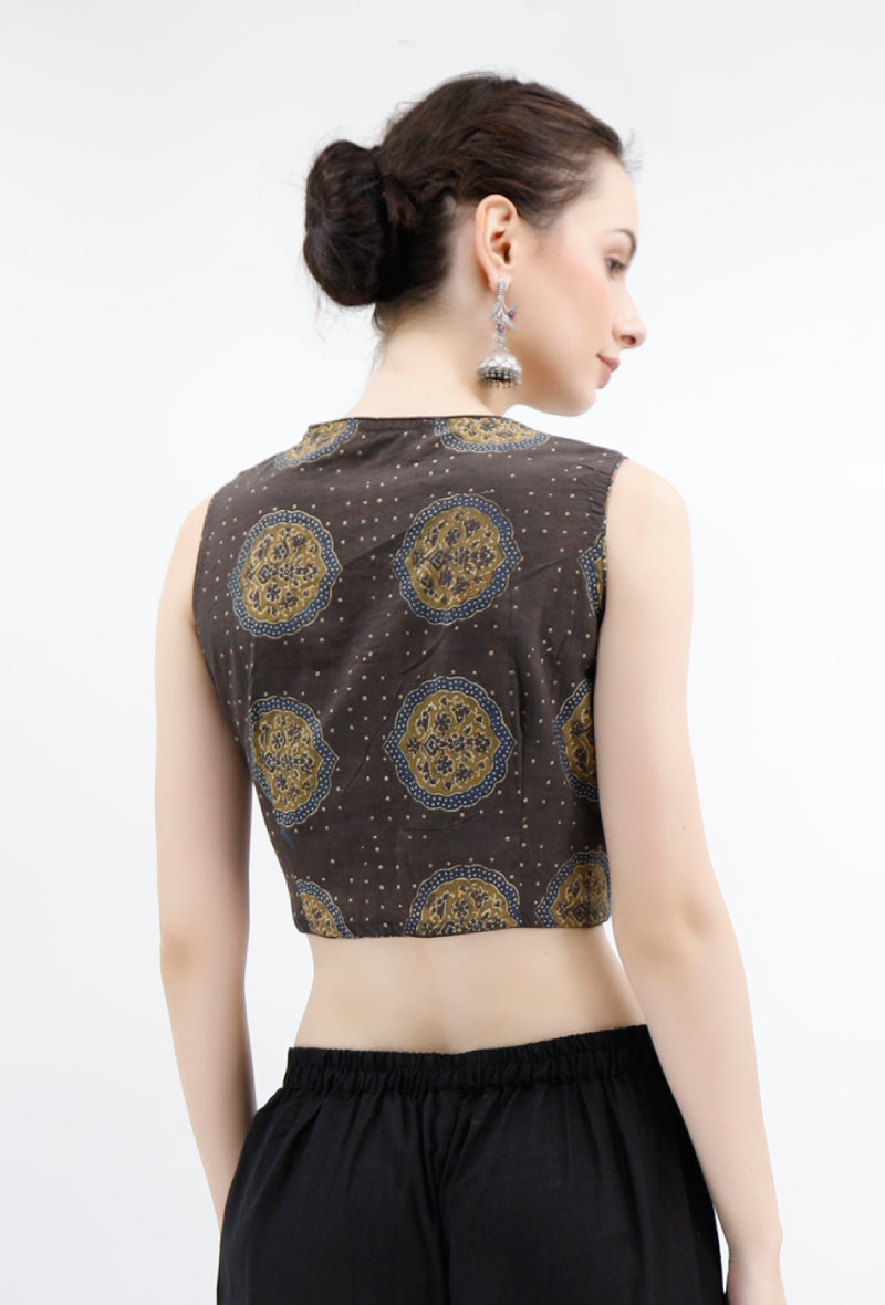 Khaki Green Ajrakh Cotton Blouse サイズ L