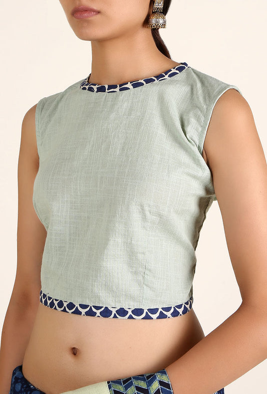 Pistachio Green Padded Cotton Blouse With Bagru Border サイズ XS