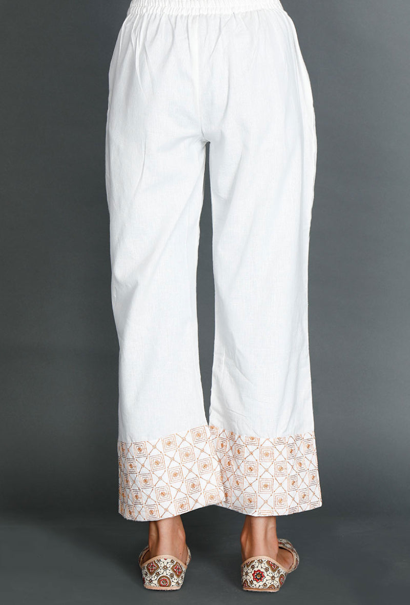 White Palazzos With Mustard Kantha Embroidery サイズ M