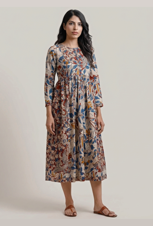 Dual Print Kalamkari Cotton Midi Dress サイズ S