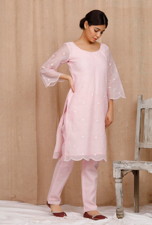 Baby Pink Embroidered Organdy Palazzo サイズ S