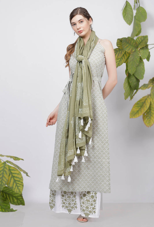 Sage Green Hand-Block Printed Tasseled Kota Dupatta