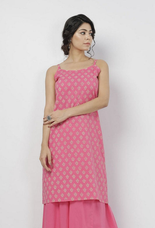 Gul Pink Small Floral Buti Hand-Block Printed Cotton Slip サイズ S