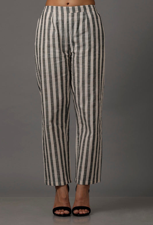 Black and White Stripes Pure Woven Cotton Pants サイズ XS