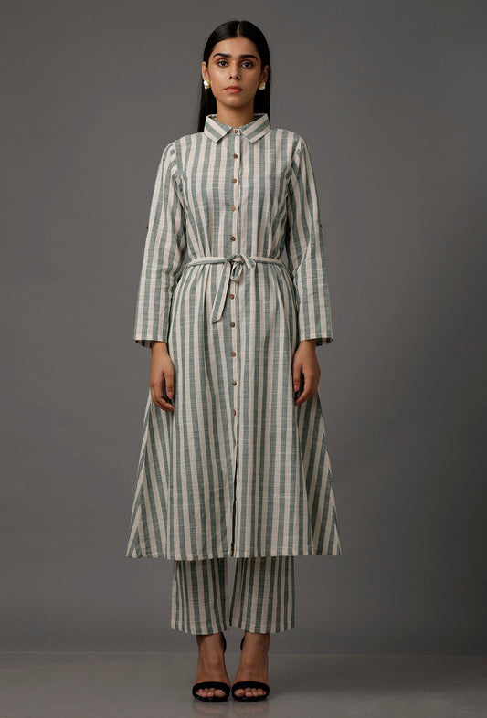 Set of 2: Green and White Stripes Pure Woven Cotton Kurta and Pants サイズ M