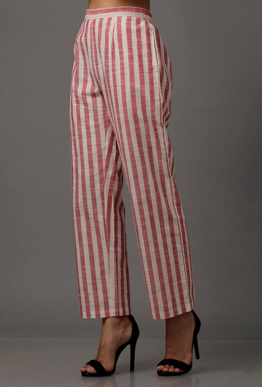 Peach Red and White Stripes Pure Woven Cotton Pants サイズ XS