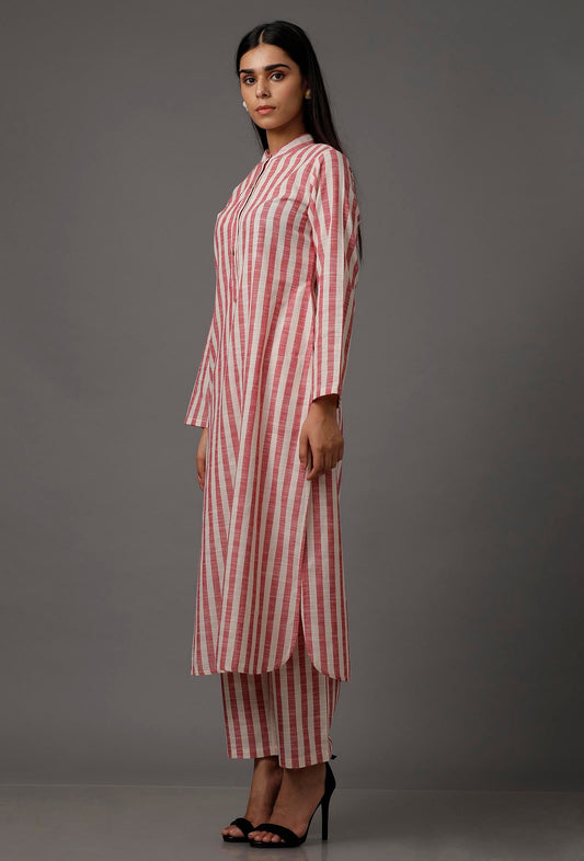 Set of 2: Red and White Stripes Pure Woven Cotton Kurta and Pants サイズ S