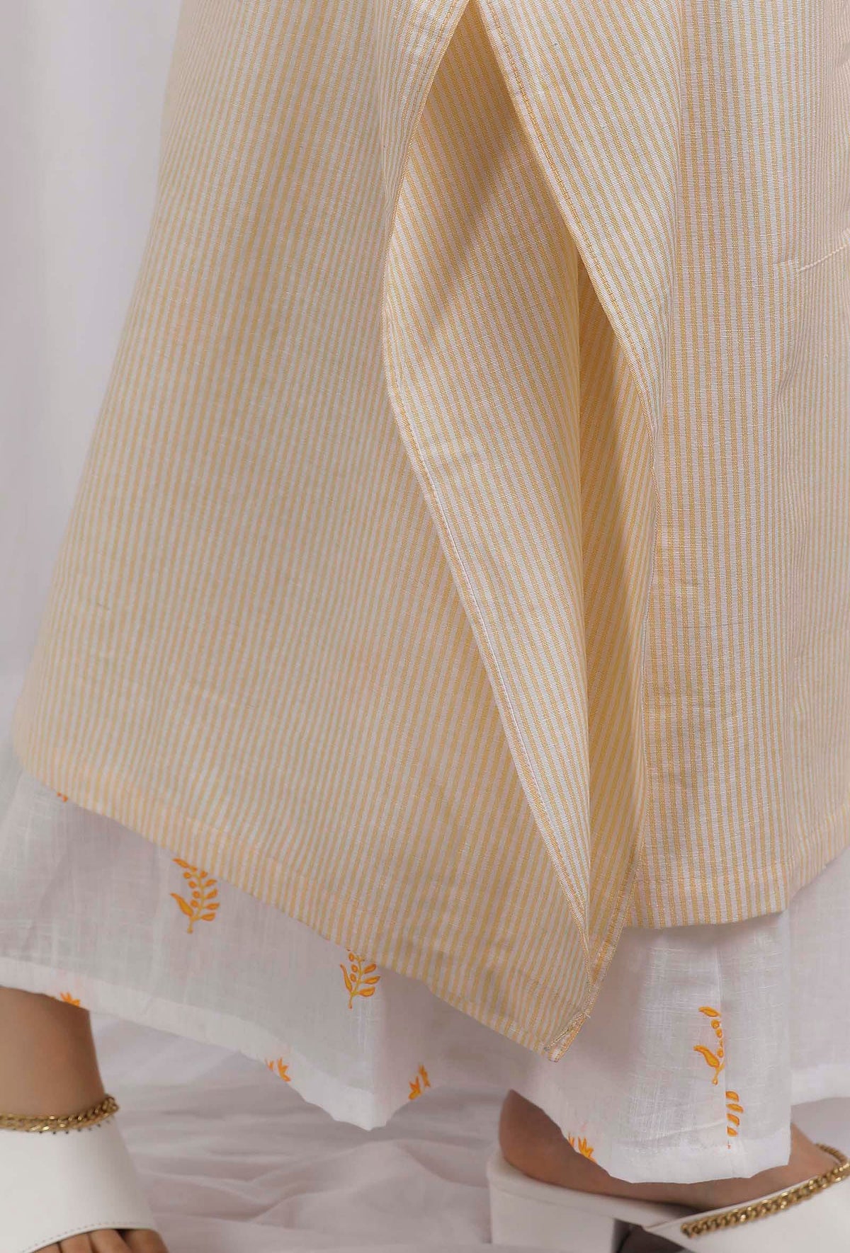Yellow Cotton Kaftan Side Tie-Up Kurta サイズ M