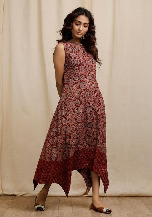 Red Ajrakh Print Sleeveless Asymmetrical Dress サイズ XS
