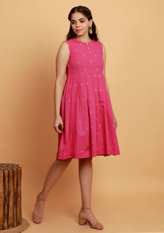 Pink Pleated Flared Sleeveless Woven Dress サイズ XL