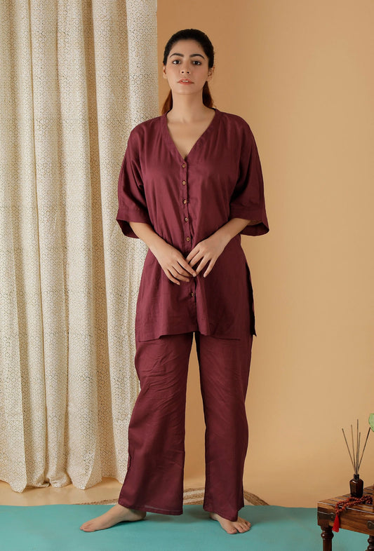 Set of 2: Mulmul Cotton Plum Button Down Shirt and Ruched Pants サイズ L