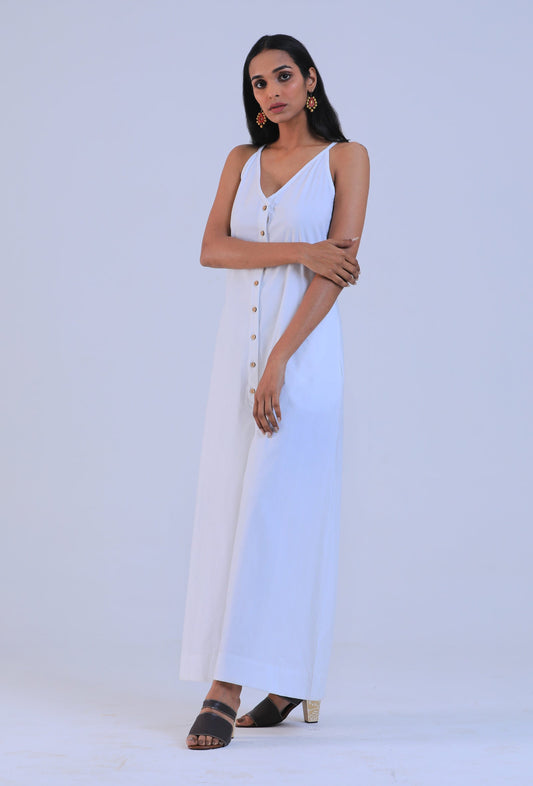 Women White Cotton V-Neck Regular Fit Dress サイズ M