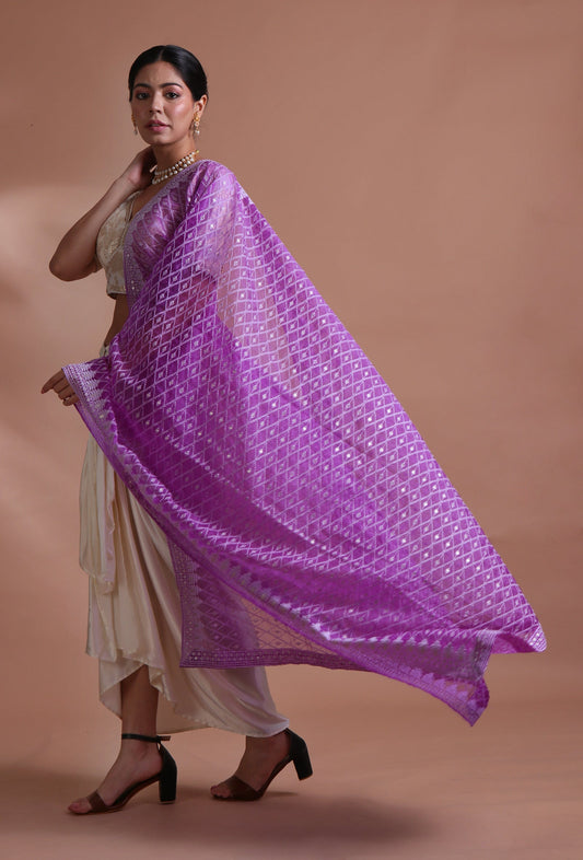 Light Purple Color Silk Organza Embroidered Dupatta