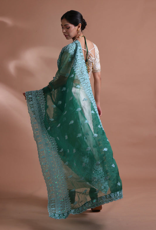 Green Color Silk Organza Embroidered Dupatta