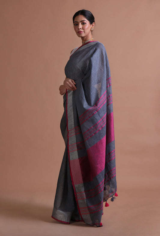 Charcoal Grey & Deep Pink Cotton Linen Saree With Unstitched Blouse