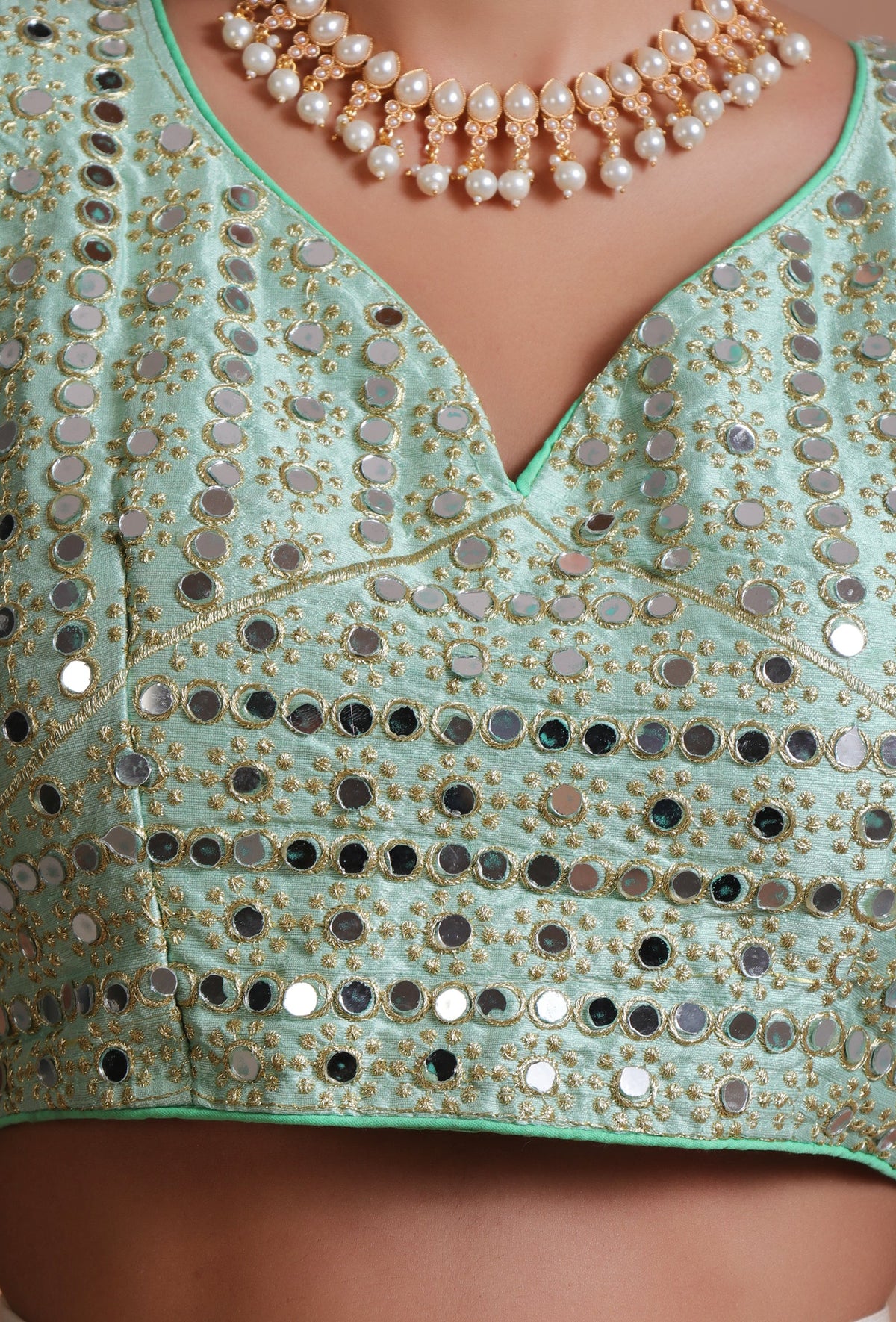 Mint Green Color Raw Silk Mirror Work Blouse サイズ S