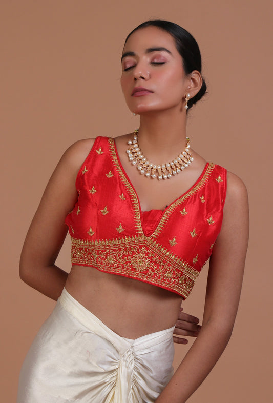 Red Color Raw Silk Embroidered Blouse サイズ S