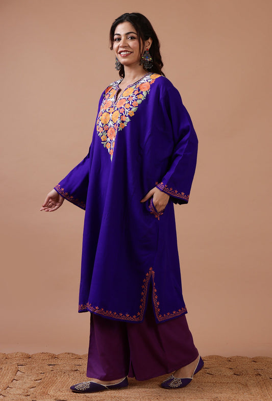 Blue Woolen Ari Embroidered Phiran