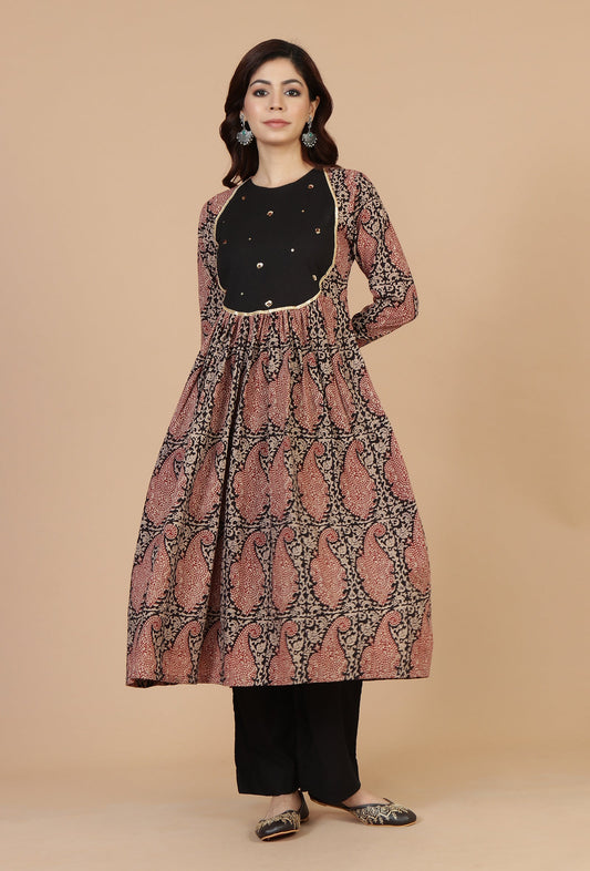 Baagh Print Gathered Dress with Lace & Handwork サイズ M