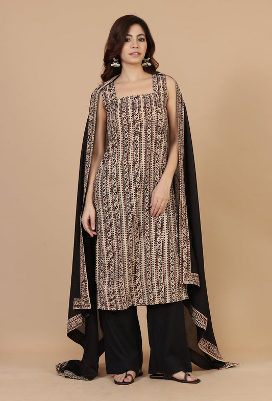 Black Cotton Dupatta with Handcrafted Baagh Block Print Border