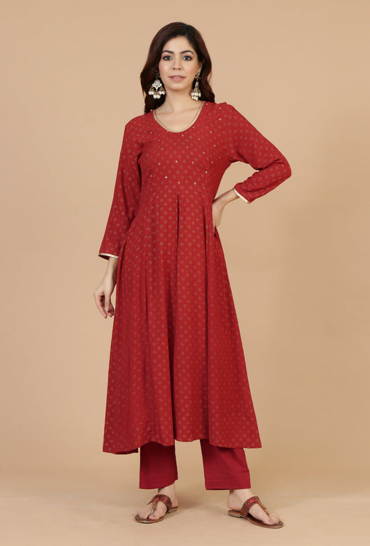 Set of 2: Maroon Rayon Hand Block Printed Flared Kurta & Solid Cotton Pants クルタ M・パンツ M