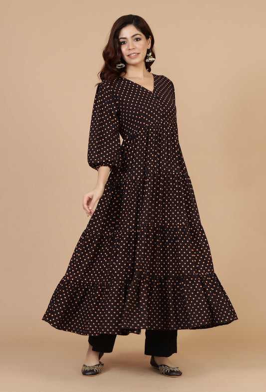 Black Rayon Polka Printed Tiered Dress サイズ M