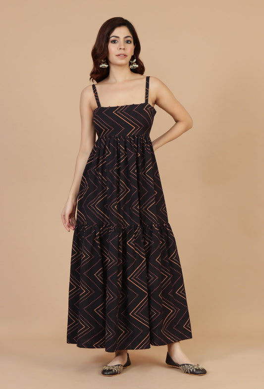 Noor Black Zigzag Printed Cotton Strappy Dress サイズ M