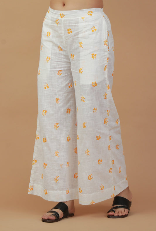 White Handblock Printed Cotton Palazzo サイズ M