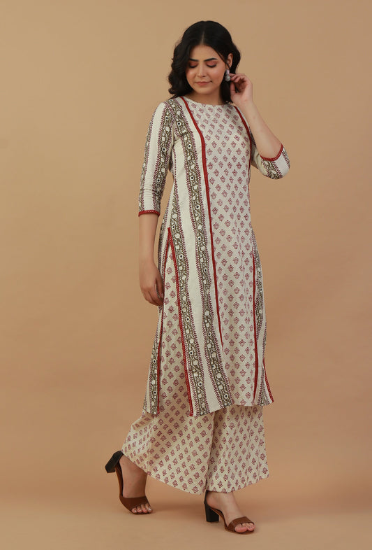 Set of 2: Off-White Printed Kurta with Matching Palazzo Pants クルタ S・パラッツォ M