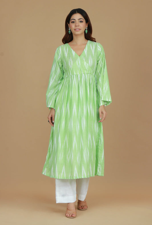 Light Green Ikat Flared Cotton Kurta サイズ M