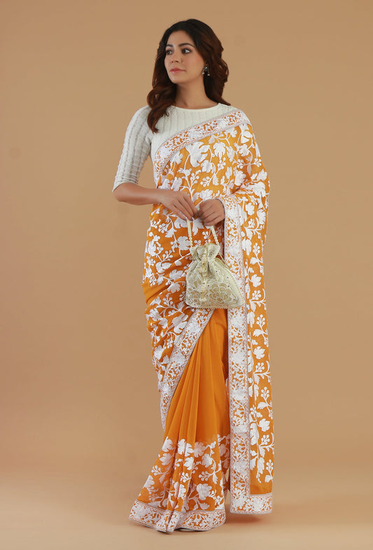 Mustard Yellow Georgette Ari Embroidered Festive Saree with Unstitched Blouse