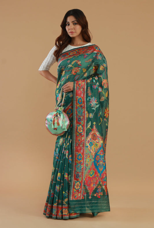 Floral Kani Weave Silk Wool Saree with Unstitched Blouse